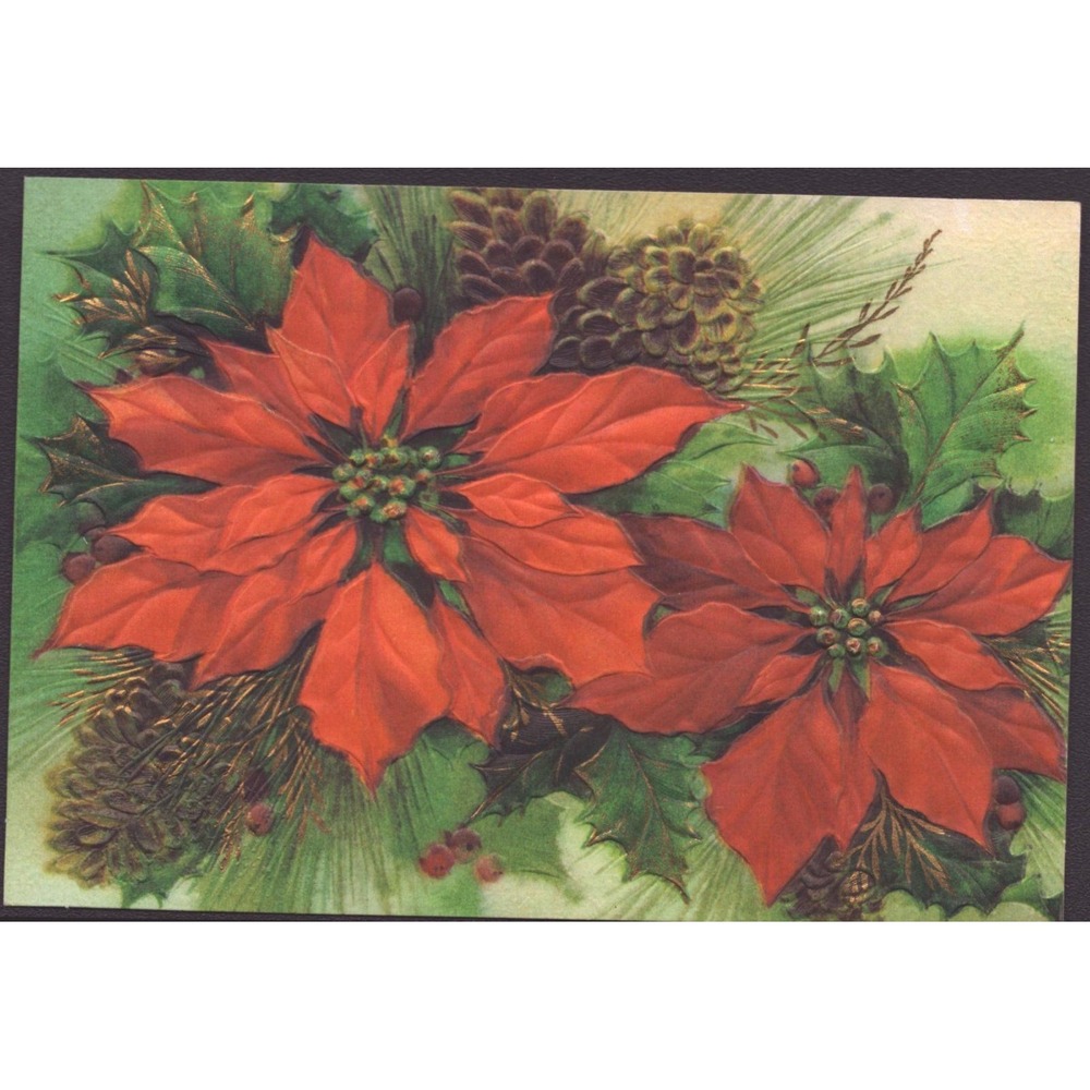 Vintage Hallmark Christmas Card Poinsettia Holly Pine Cones 300PX 8-6 USA
